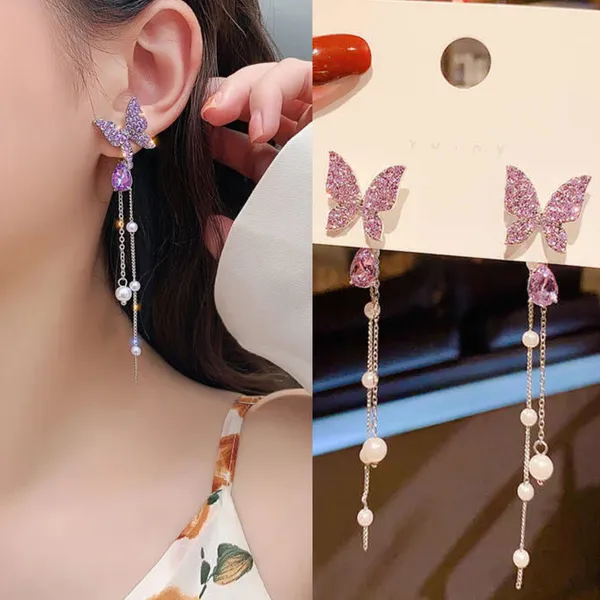 Korean_High-quality_crystal_purple/dazzling_white_butterfly_sparkling_long_earring_For_Women_For_Women_And_Girls
