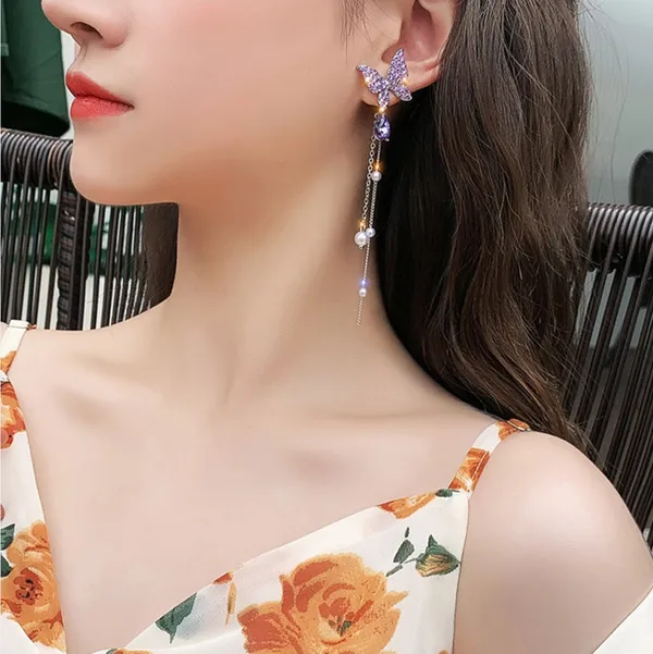 Korean_High-quality_crystal_purple/dazzling_white_butterfly_sparkling_long_earring_For_Women_For_Women_And_Girls