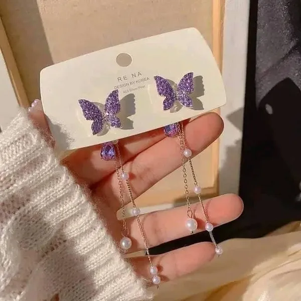 Korean_High-quality_crystal_purple/dazzling_white_butterfly_sparkling_long_earring_For_Women_For_Women_And_Girls