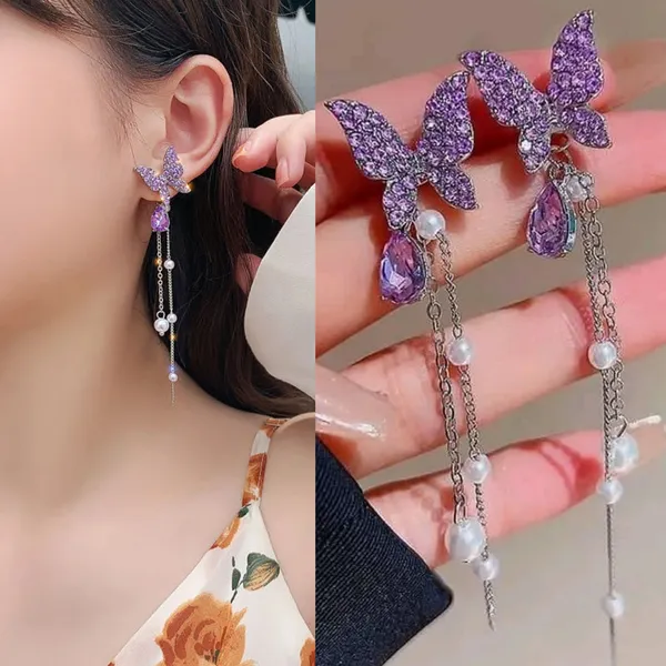 Korean_High-quality_crystal_purple/dazzling_white_butterfly_sparkling_long_earring_For_Women_For_Women_And_Girls