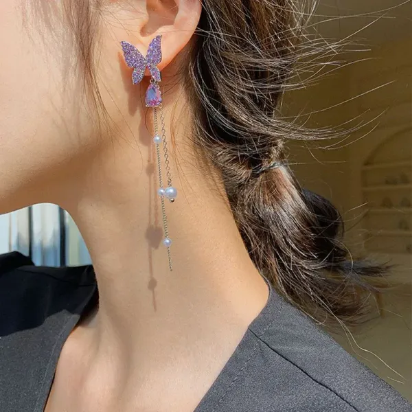 Korean_High-quality_crystal_purple/dazzling_white_butterfly_sparkling_long_earring_For_Women_For_Women_And_Girls