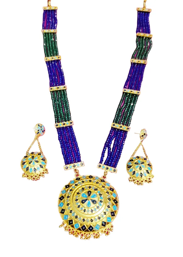 Assamese_Traditional_Copper_Based_Gold_Plated_Blue_Meenakari_Japi_Tassel_Jewellery_Set_For_Women_&_Tassel