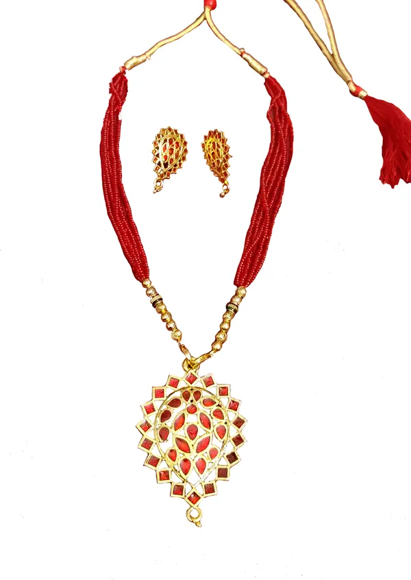Assamese_Traditional_Gold_Plated_Red_Meenakari_Dugdugi_Tassel_Jewellery_Set_For_Women_&_Girls