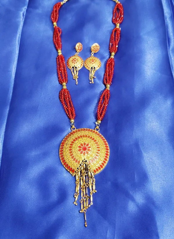 Copper_Based_Assamese_Traditional_Gold_Plated_Red_Meenakari_Japi_Tassel_Jewellery_Set_For_Women_&_Girls