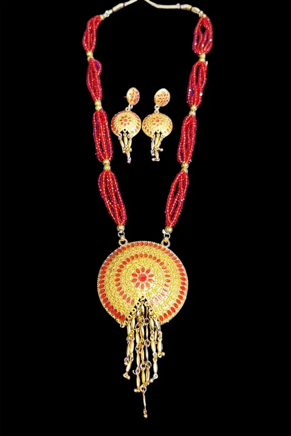 Copper_Based_Assamese_Traditional_Gold_Plated_Red_Meenakari_Japi_Tassel_Jewellery_Set_For_Women_&_Girls