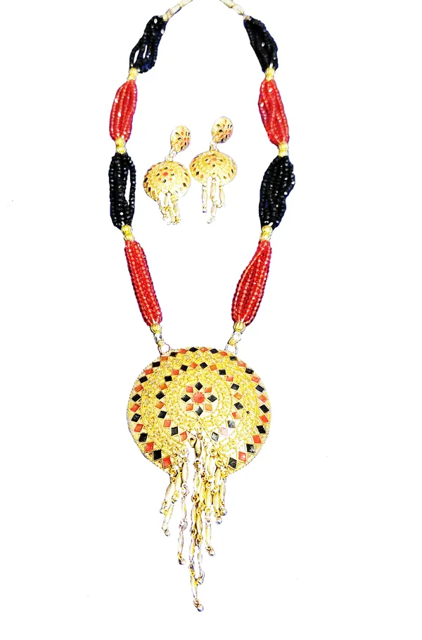 Copper_Based_Assamese_Traditional_Gold_Plated_Red_Black_Meenakari_Japi_Tassel_Jewellery_Set_For_Women_&_Girls