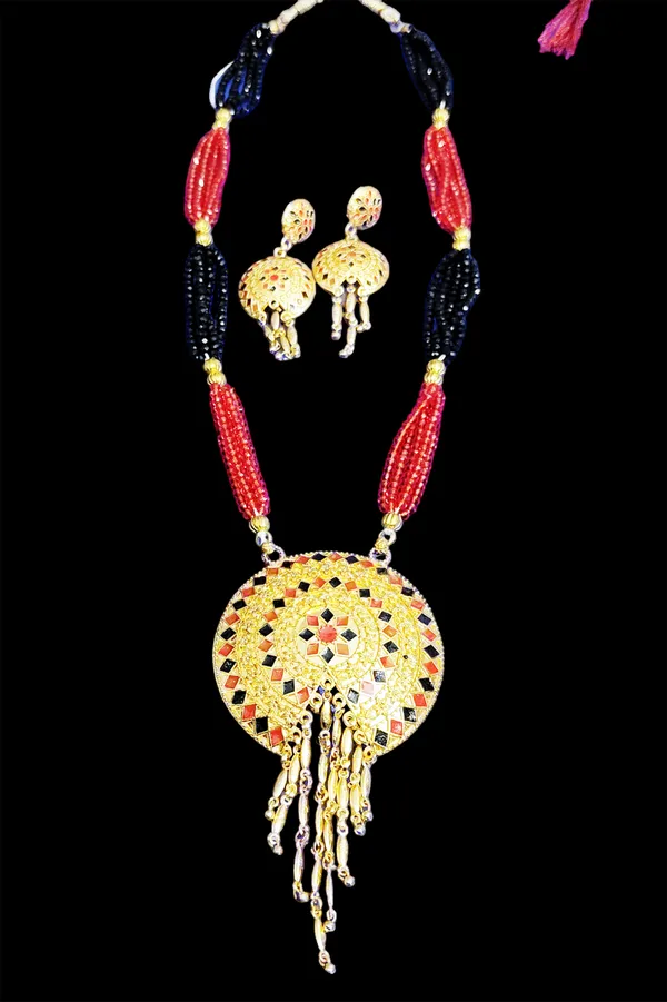 Copper_Based_Assamese_Traditional_Gold_Plated_Red_Black_Meenakari_Japi_Tassel_Jewellery_Set_For_Women_&_Girls