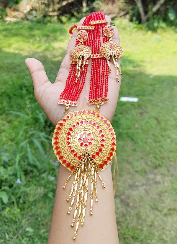 Copper_Based_Assamese_Traditional_Gold_Plated_Red_Colour_Meenakari_Japi_Tassel_Jewellery_Set_For_Women_Girls