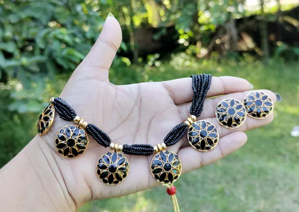 Assamese_Traditional_Gold_Plated_Black_Meenakari_Golpata_Necklace_Set_For_Women