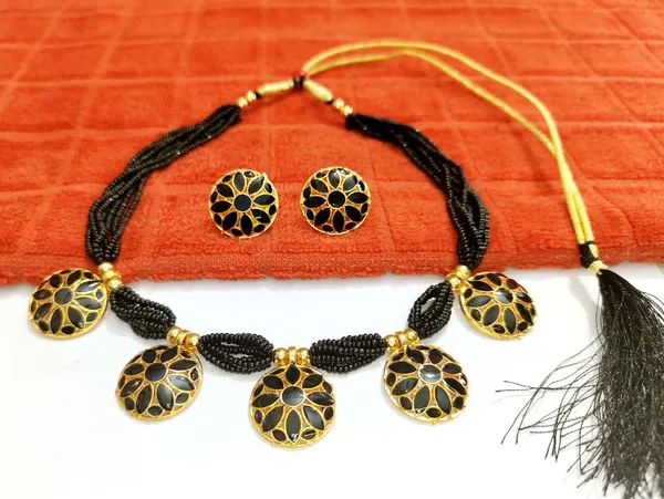 Assamese_Traditional_Gold_Plated_Black_Meenakari_Golpata_Necklace_Set_For_Women