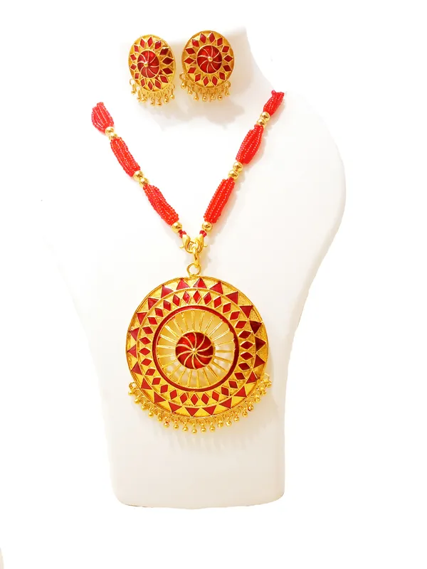 Assamese_Traditional_Gold_Plated_Red_Meenakari_Japi_Tassel_Jewellery_Set_For_Women_&_Girls