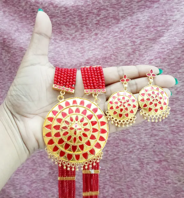 Assamese_Traditional_Gold_Plated_Red_Meenakari_Japi_Tassel_Jewellery_Set_For_Girls_&_Women