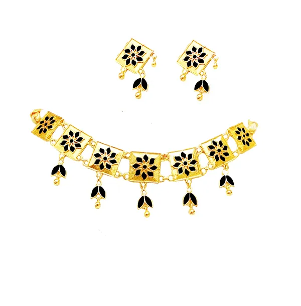 (Pack_Of_2)_Assamese_Traditional_Gold_Plated_Black_Meenakari_Golpata_Necklace_Set_For_Women_&_Girls