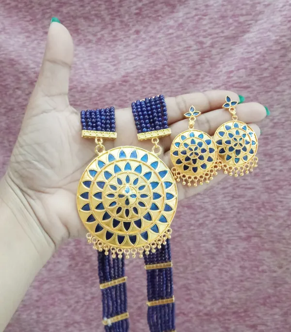 Assamese_Traditional_Gold_Plated_Blue_Meenakari_Japi_Tassel_Jewellery_Set_For_Women_&_Girls