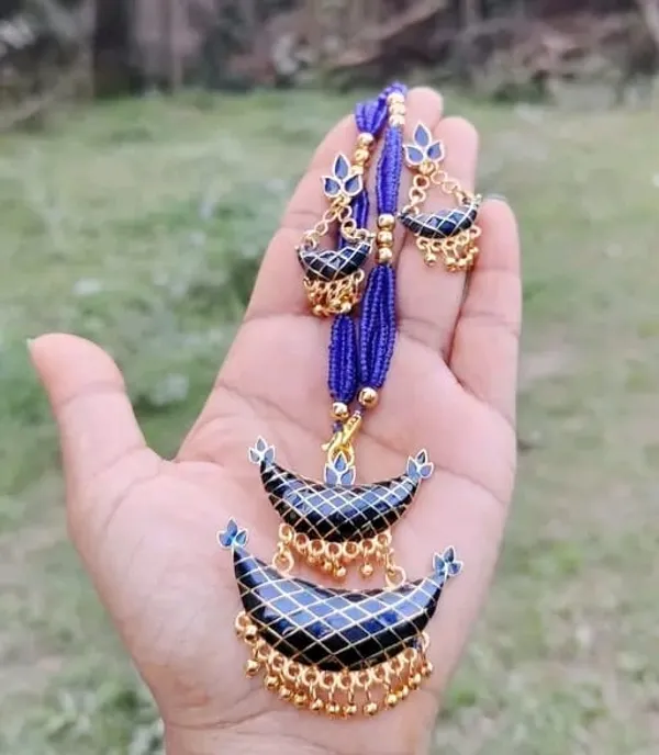 Assamese_Traditional_Gold_Plated_Blue_Meenakari_Junbiri_Jewellery_Set_For_Women_&_Girls