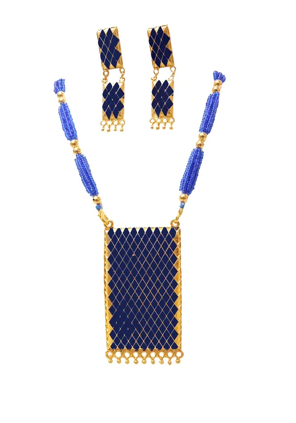 Assamese_Traditional_Gold_Plated_Blue_Meenakari_Match_Box_Design_Tassel_Jewellery_Set_For_Women