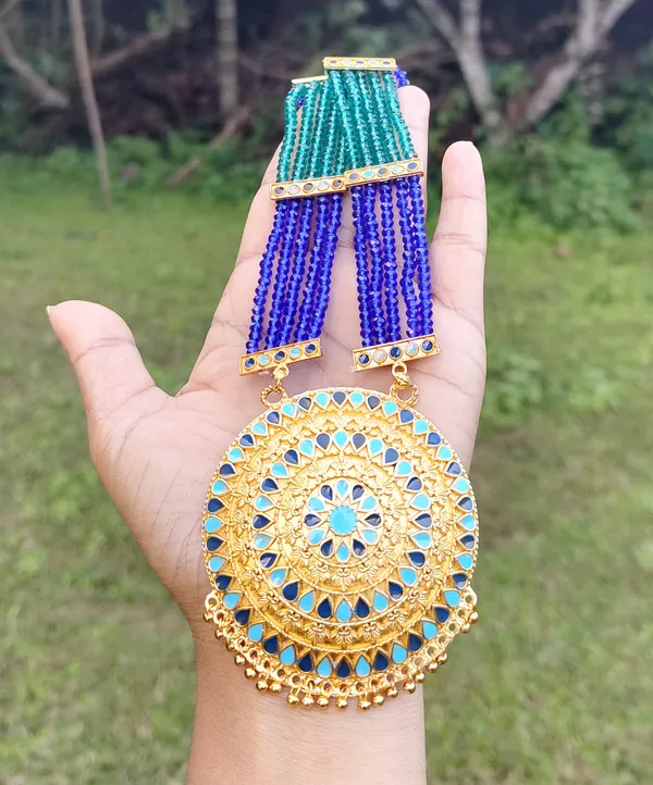 Assamese_Traditional_Copper_Based_Gold_Plated_Double_Naka_Blue_Meenakari_Japi_Tassel_Jewellery_Set_For_Women_&_Girls