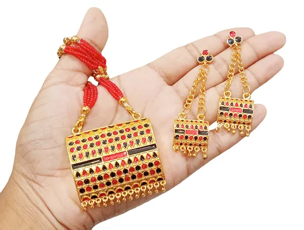 Assamese_Traditional_Gold_Plated_Red_Black_Meenakari_Tassel_Jewellery_Set_For_Women_&_Girls