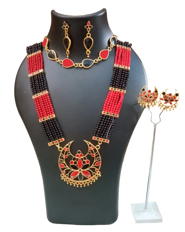 Assamese_Traditional_Gold_Plated_Red_Black_Meenakari_Bridal_Combo_Jewellery_Set