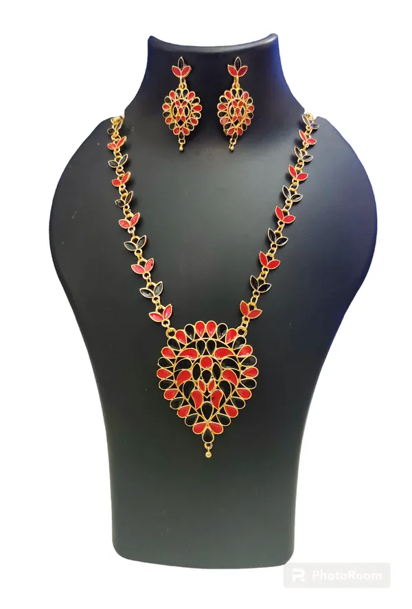Assamese_Traditional_Gold_Plated_Red_Black_Meenakari_Dugdugi_Chain_Jewellery_Set_For_Women_&_Girls
