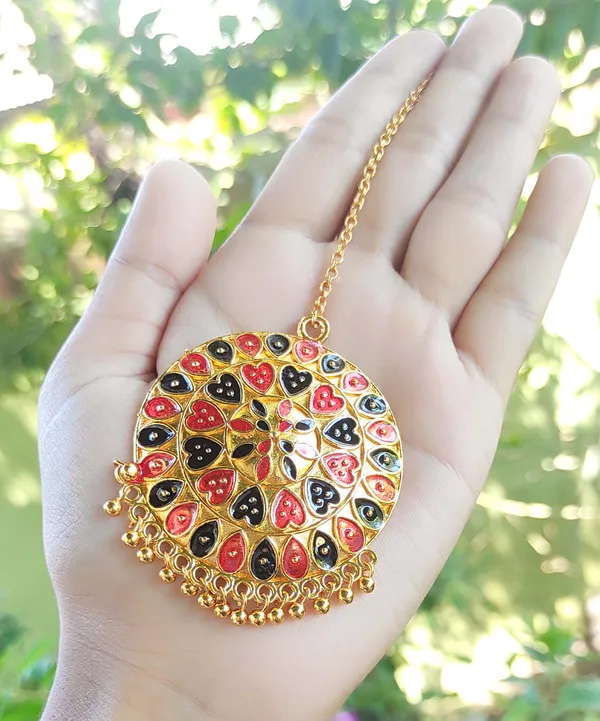 Assamese_Traditional_Copper_Gold_Plated_Red_Black_Meenakari_Japi_Maang_Tikka_For_Women
