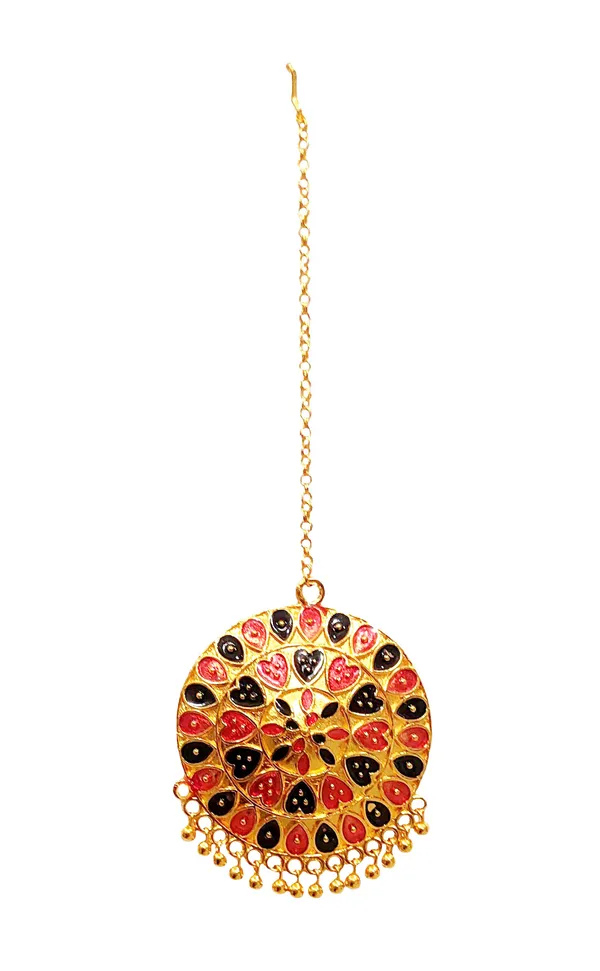 Assamese_Traditional_Copper_Gold_Plated_Red_Black_Meenakari_Japi_Maang_Tikka_For_Women