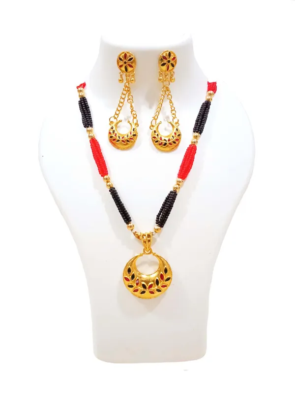 Assamese_Traditional_Gold_Plated_Red_Black_Meenakari_Pendant_Tassel_Set_For_Women_&_Girls