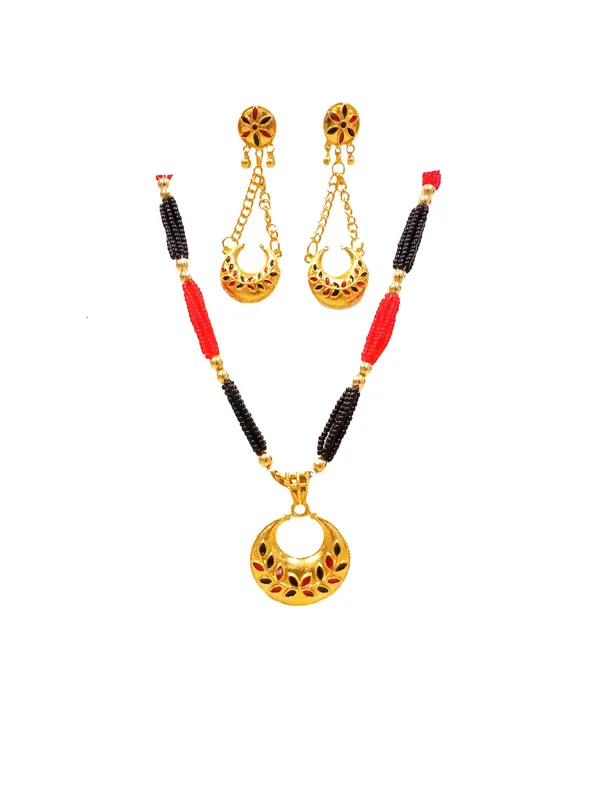 Assamese_Traditional_Gold_Plated_Red_Black_Meenakari_Pendant_Tassel_Set_For_Women_&_Girls