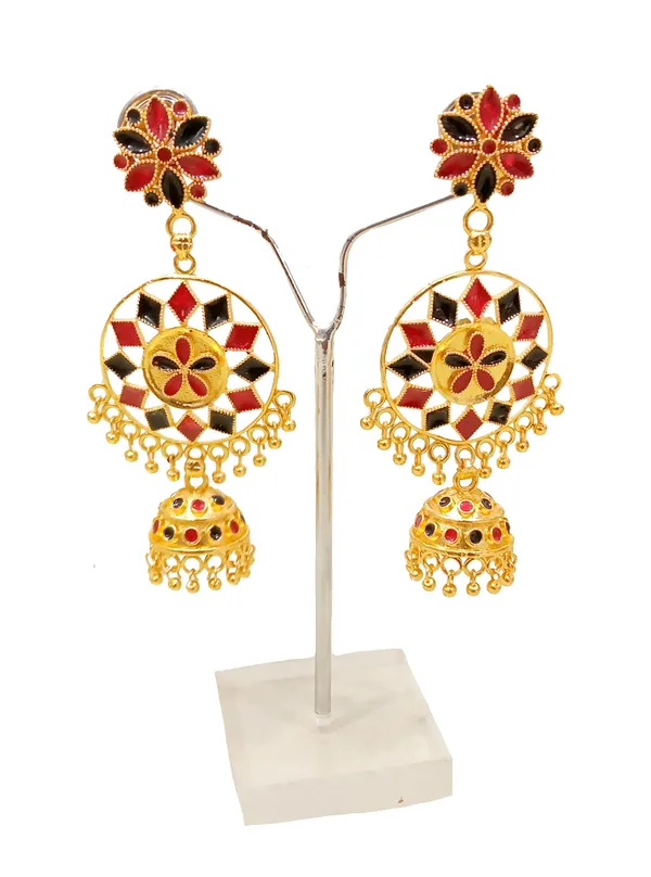 Assamese_Traditional_Red_Black_Meenakari_Jhumka_Earring_Set