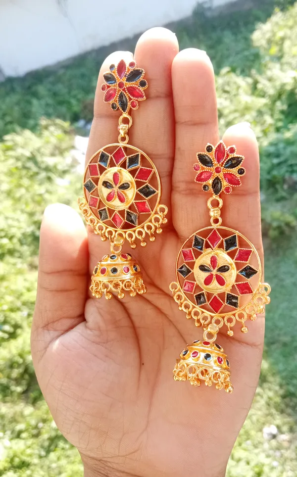 Assamese_Traditional_Red_Black_Meenakari_Jhumka_Earring_Set