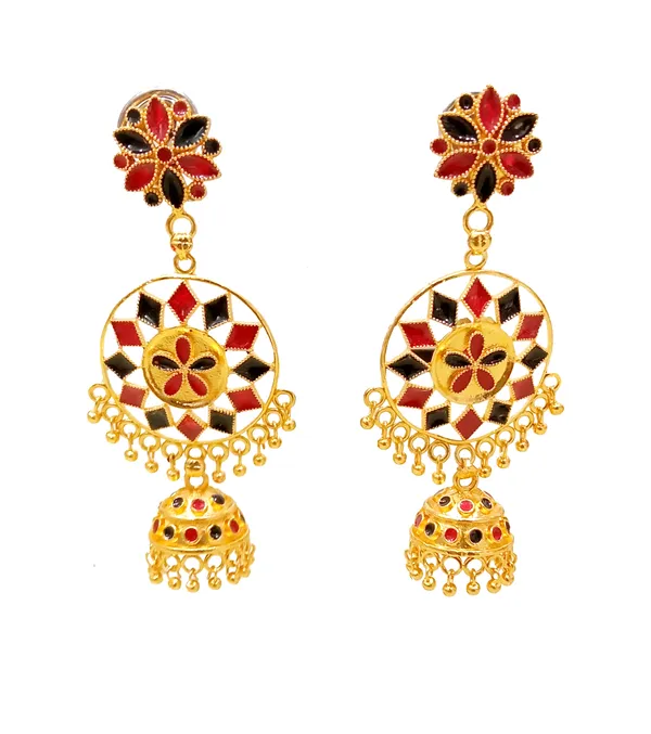 Assamese_Traditional_Red_Black_Meenakari_Jhumka_Earring_Set