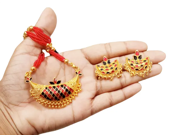 Assamese_Traditional_Red_Black_Meenakari_Junbiri_Jewellery_Set