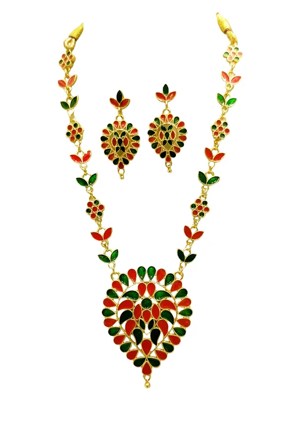 Assamese_?Traditional_Gold_Plated_Red_Green_Dugdugi_Chain_Jewellery_Set_For_Women_&_Girls