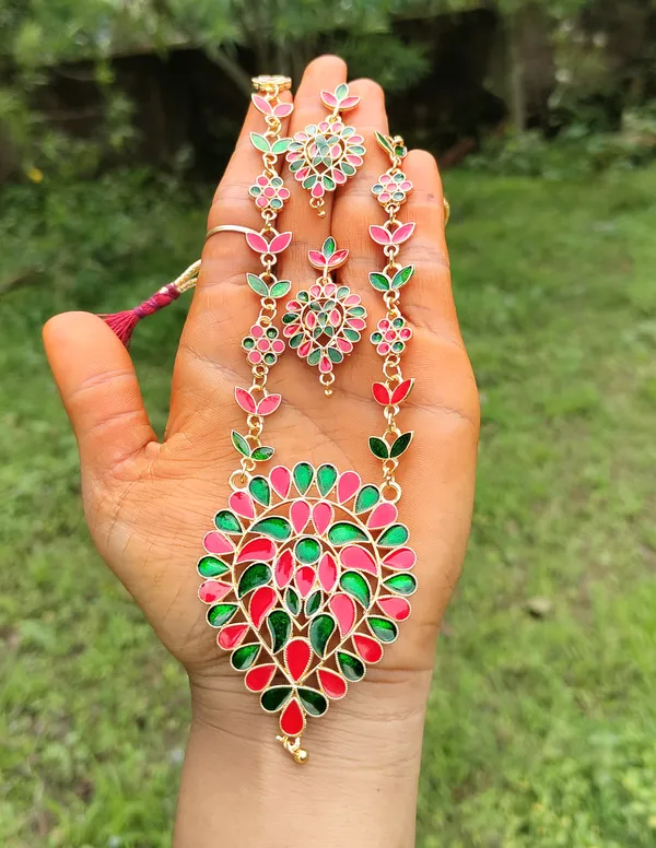 Assamese_?Traditional_Gold_Plated_Red_Green_Dugdugi_Chain_Jewellery_Set_For_Women_&_Girls
