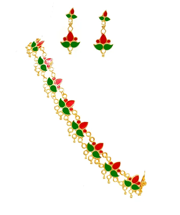 Assamese_Traditional_Gold_Plated_Red_Green_Golpata_Necklace_Set_For_Women