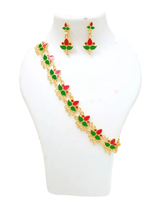 Assamese_Traditional_Gold_Plated_Red_Green_Golpata_Necklace_Set_For_Women