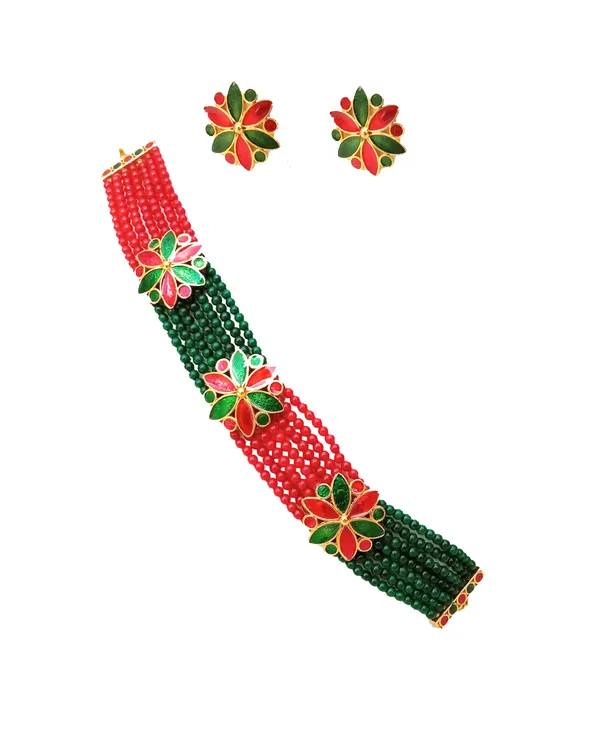 Assamese_Traditional_Gold_Plated_Red_Green_Colour_Golpata_Necklace_Set_For_Women_&_Girls