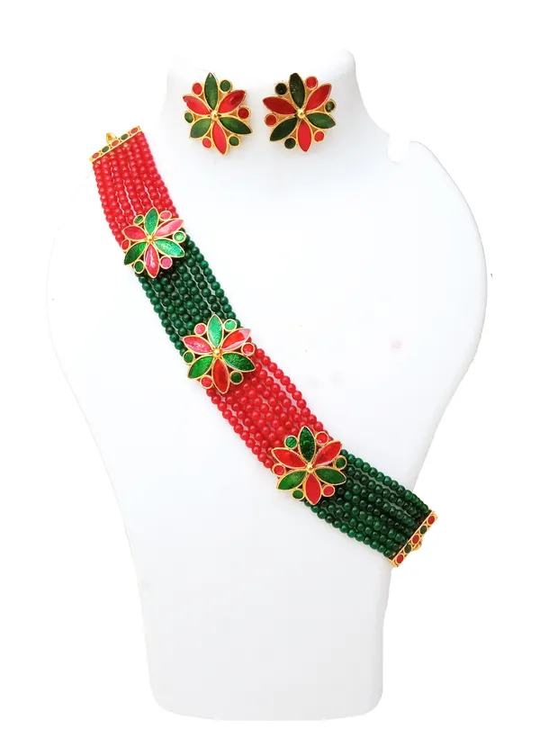 Assamese_Traditional_Gold_Plated_Red_Green_Colour_Golpata_Necklace_Set_For_Women_&_Girls
