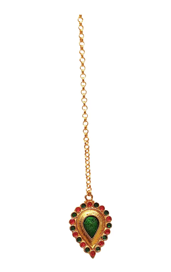 (Pack_Of_2)_Assamese_Traditional_Gold_Plated_Red_Green_Meenakari_Maang_Tikka_For_Women