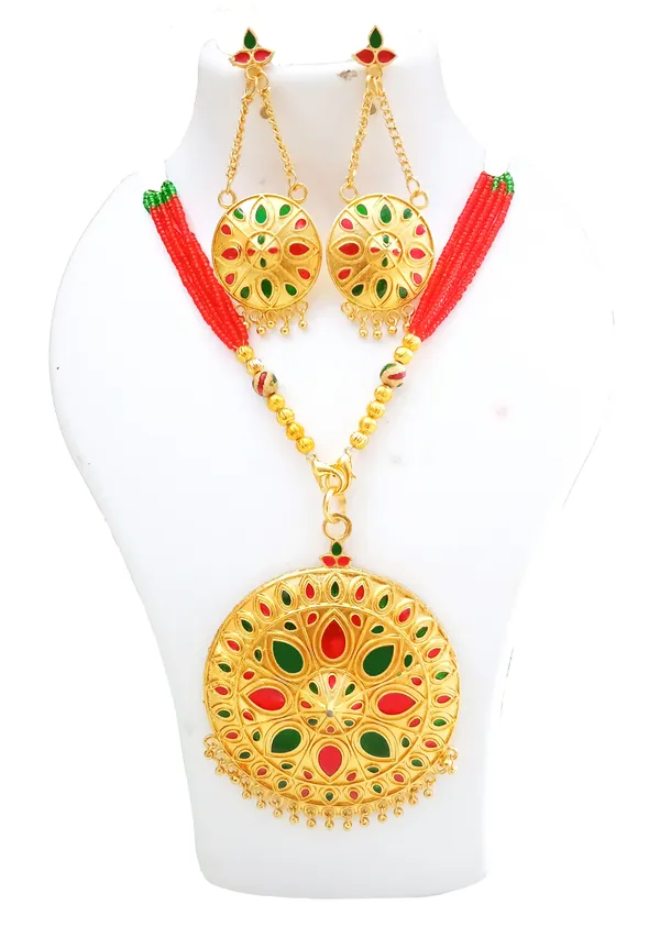 Assamese_Traditional_Gold_Plated_Red_Green_Meenakari_Japi_Jewellery_Set_For_Women