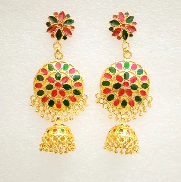 Assamese_Traditional_Copper_Gold_Plated_Red_Green_Meenakari_Jhumka_Earring_Set