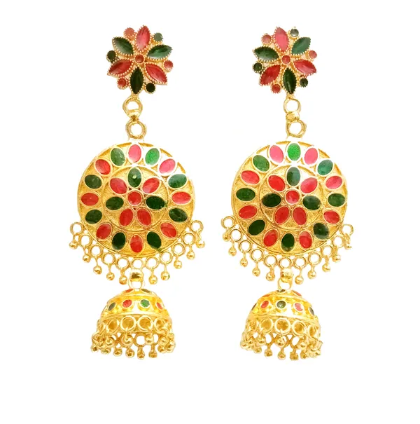 Assamese_Traditional_Copper_Gold_Plated_Red_Green_Meenakari_Jhumka_Earring_Set