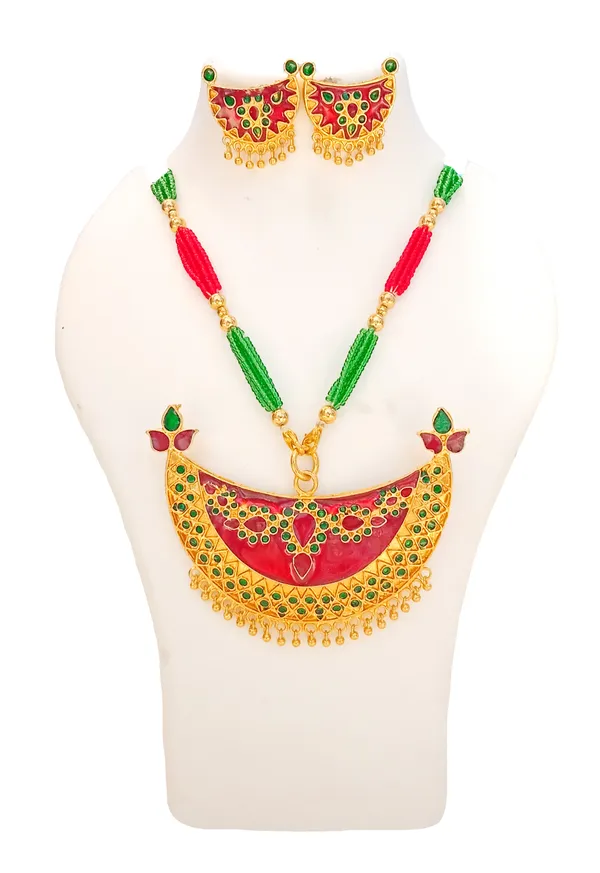 Assamese_Traditional_Gold_Plated_Red_Green_Meenakari_Junbiri_Tassel_Jewellery_Set_For_Women