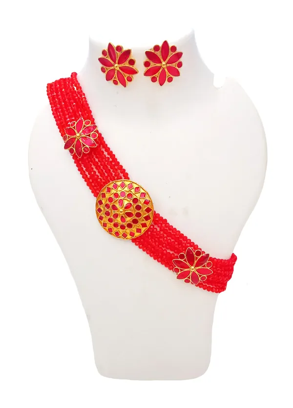 Assamese_Traditional_Gold_Plated_Red_Meenakari_Golpata_Necklace_Set_For_Women_&_Girls
