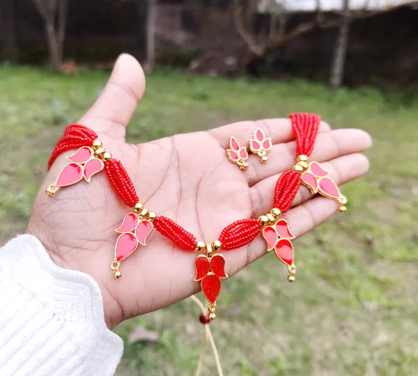 Assamese_Traditional_Gold_Plated_Red_Meenakari_Golpata_Necklace_Set_For_Women