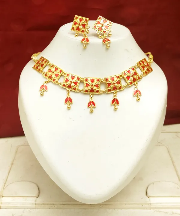 (Pack_Of_2)_Assamese_Traditional_Gold_Plated_Red_Meenakari_Golpata_Necklace_Set_For_Women_&_Girls