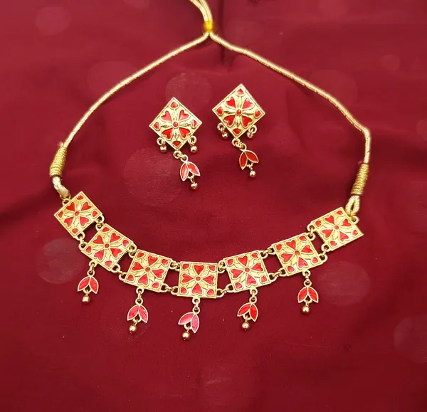 (Pack_Of_2)_Assamese_Traditional_Gold_Plated_Red_Meenakari_Golpata_Necklace_Set_For_Women_&_Girls