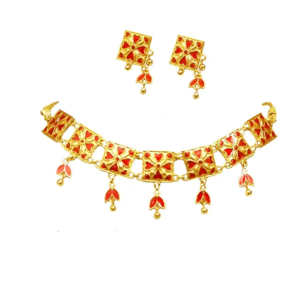 (Pack_Of_2)_Assamese_Traditional_Gold_Plated_Red_Meenakari_Golpata_Necklace_Set_For_Women_&_Girls