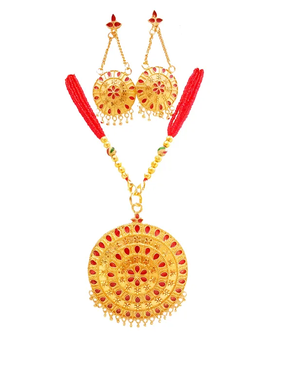 Assamese_Traditional_Gold_Plated_Red_Meenakari_Japi_Tassel_Jewellery_Set_For_Women