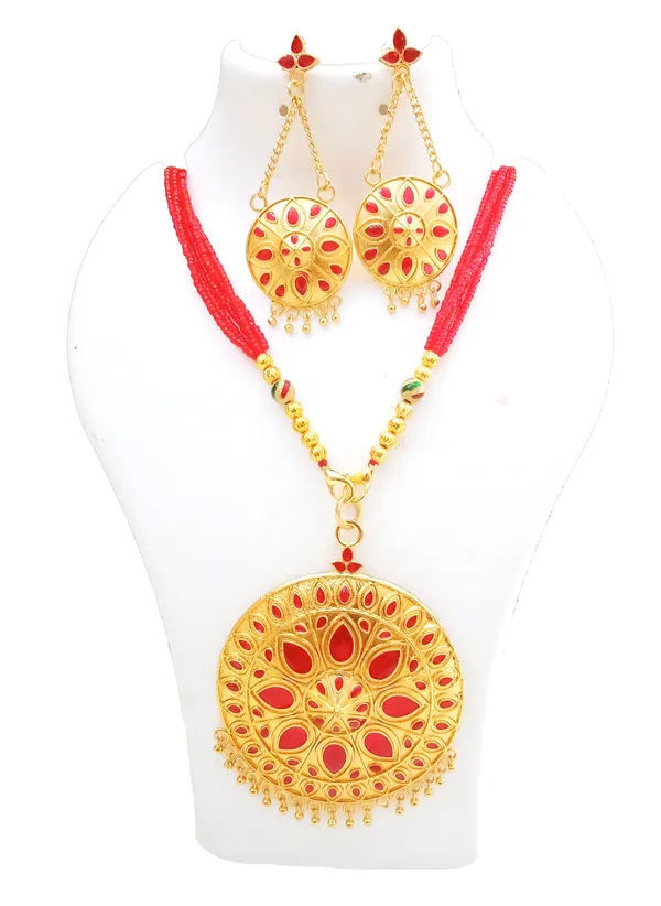 Assamese_Traditional_Gold_Plated_Red_Meenakari_Japi_Tassel_Jewellery_Set_For_Women